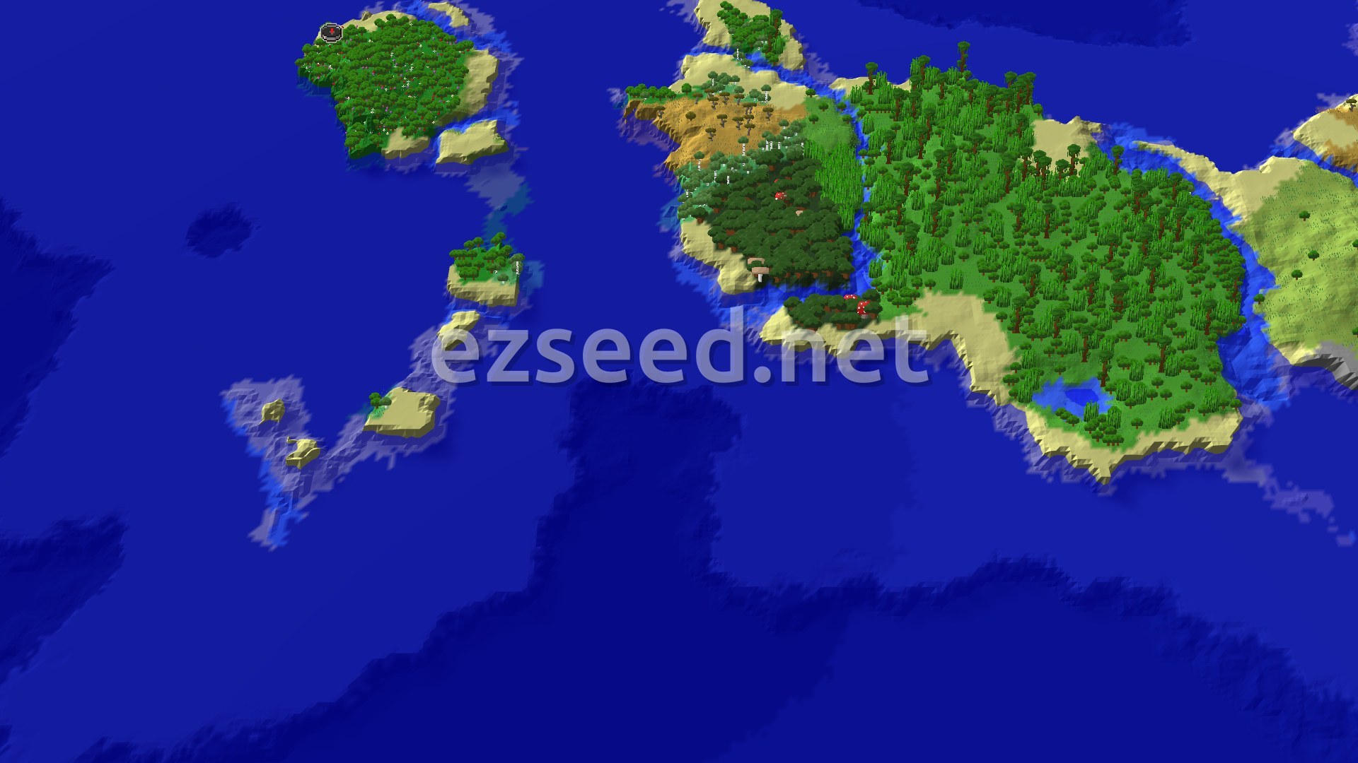 A fly-over of a green forested island ringed by pale sand beaches and deep blue ocean, with small islets scattered to the south and a larger wooded landmass to the north-east.
