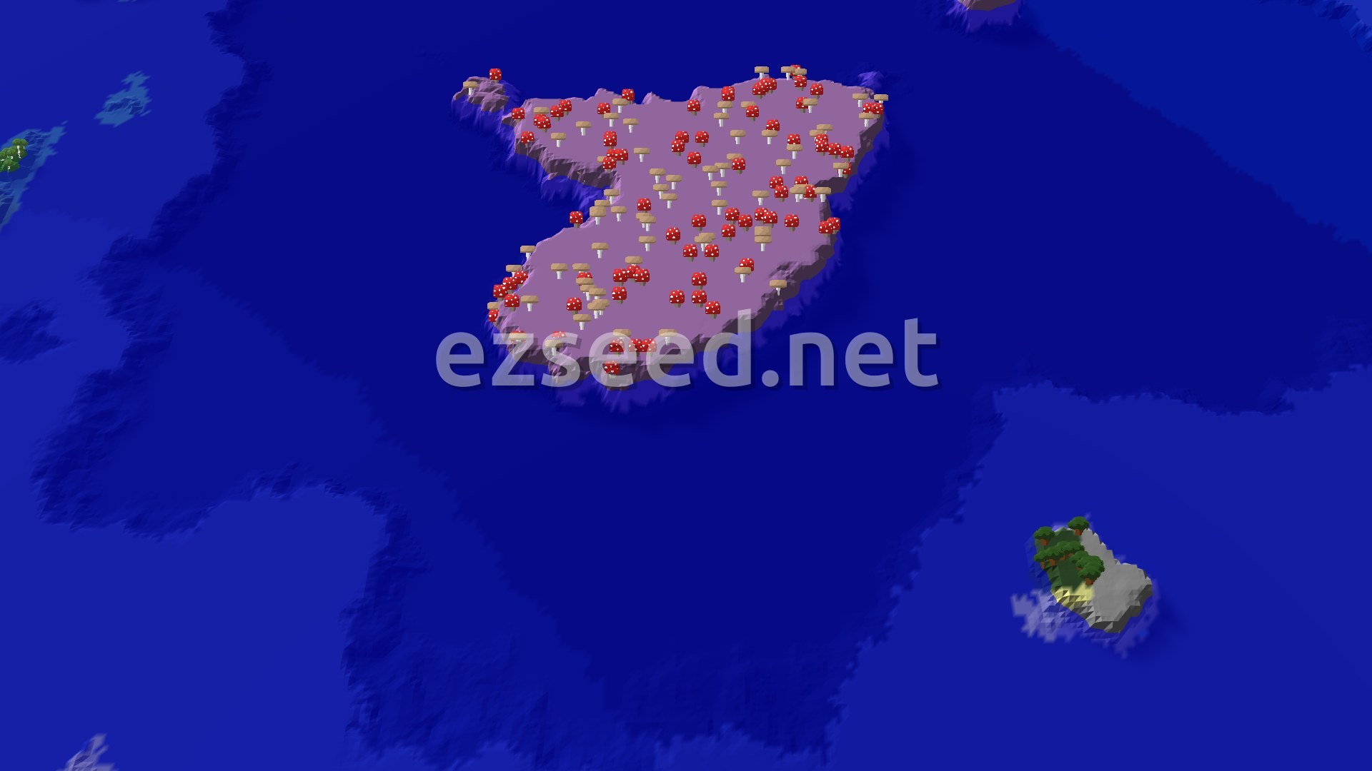 A large mushroom island with many red mushrooms in a vast ocean, and a smaller, tree-covered island to the south-east.