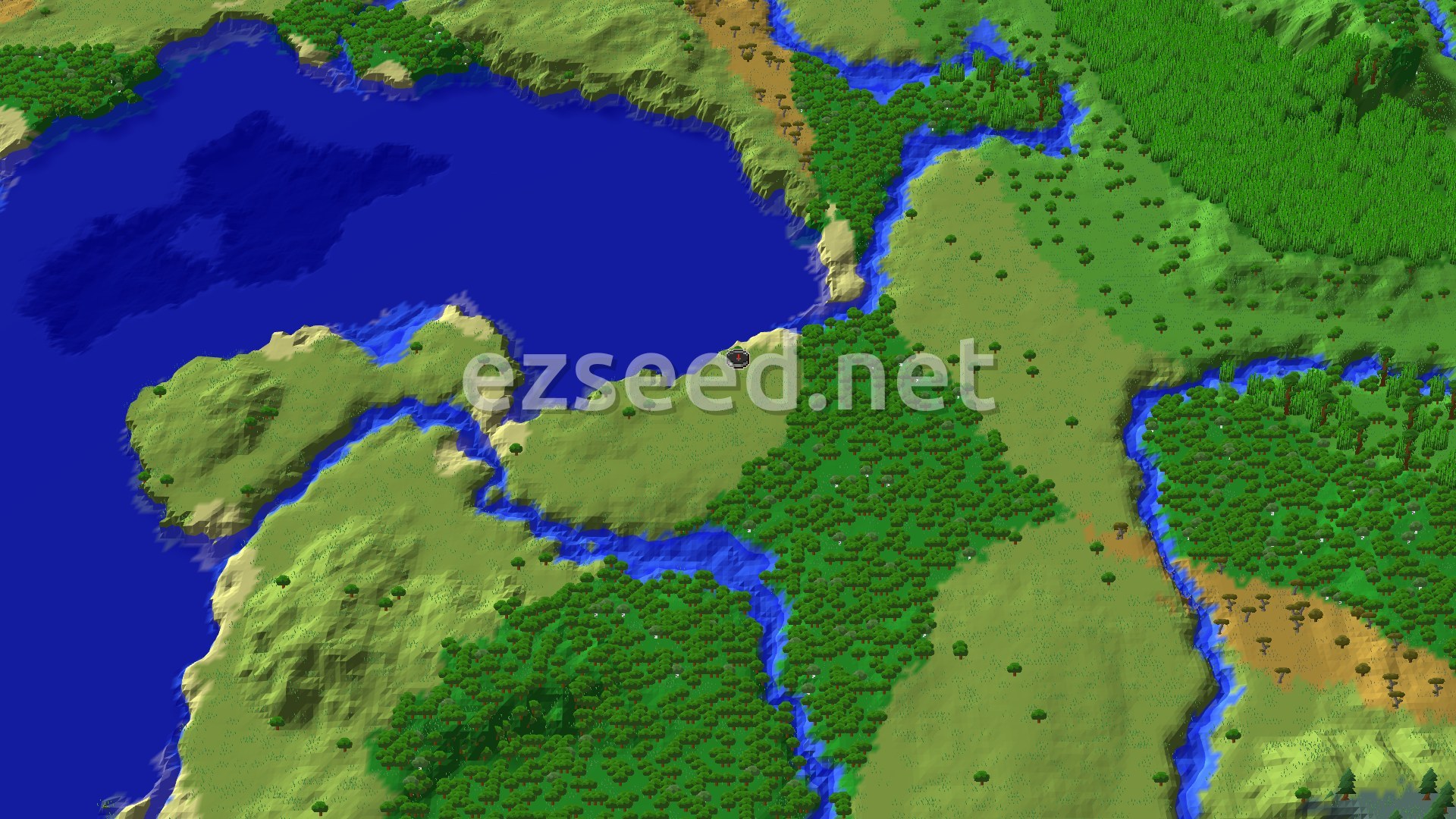 A 3D fly-over of a grassy peninsula on a wide blue bay, with dense forest to the south, river channels cutting through, and sandy patches along the shore.
