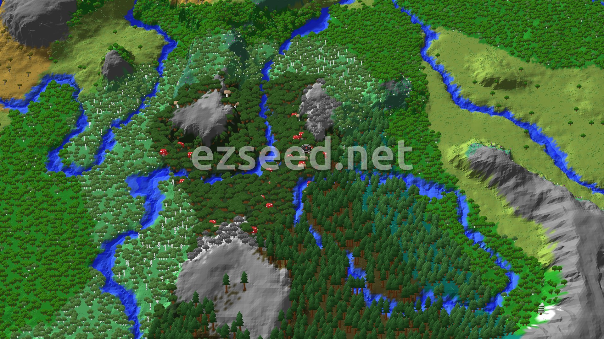 A dense dark forest with red mushrooms around spawn, rivers winding through birch and spruce woods, grey rocky hills and open grassland to the east.
