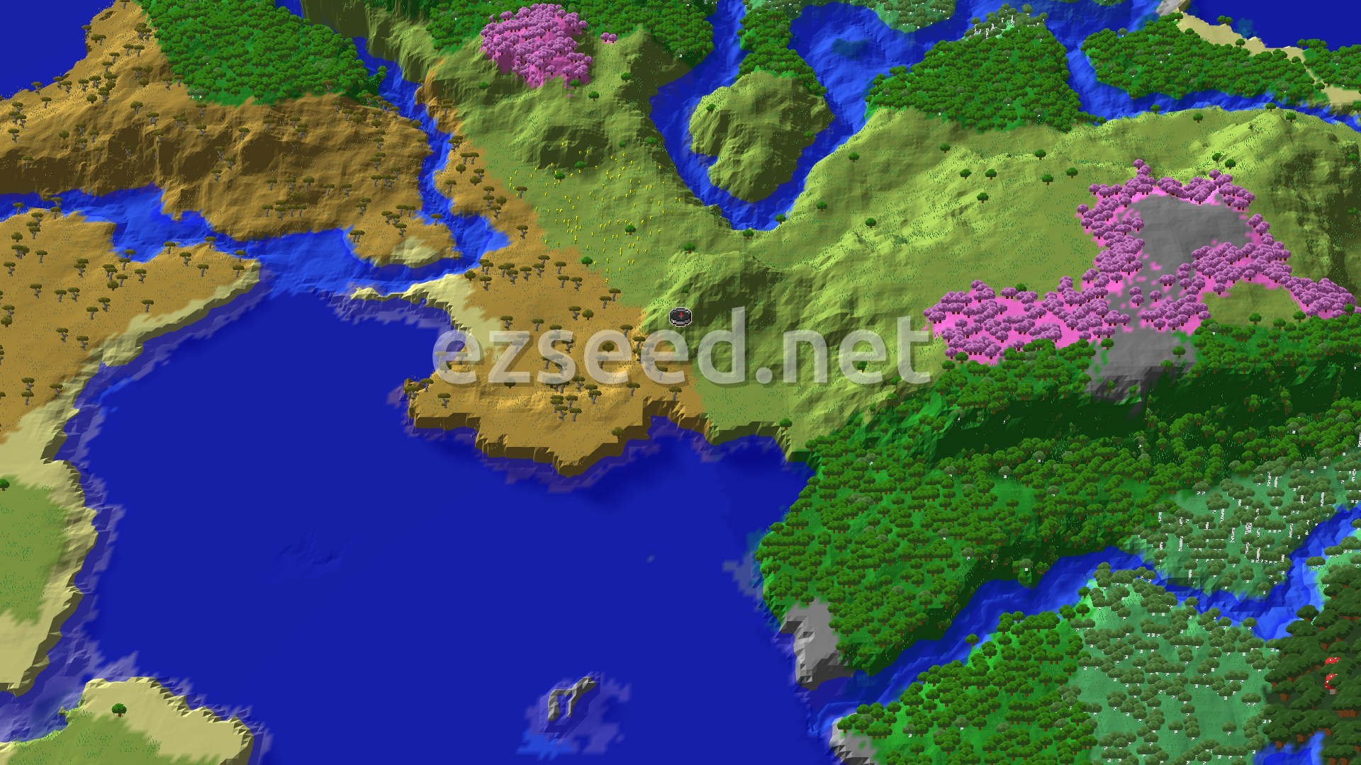 Aerial Minecraft seed map — Cherry Grove Near a Savanna and Plains Coast