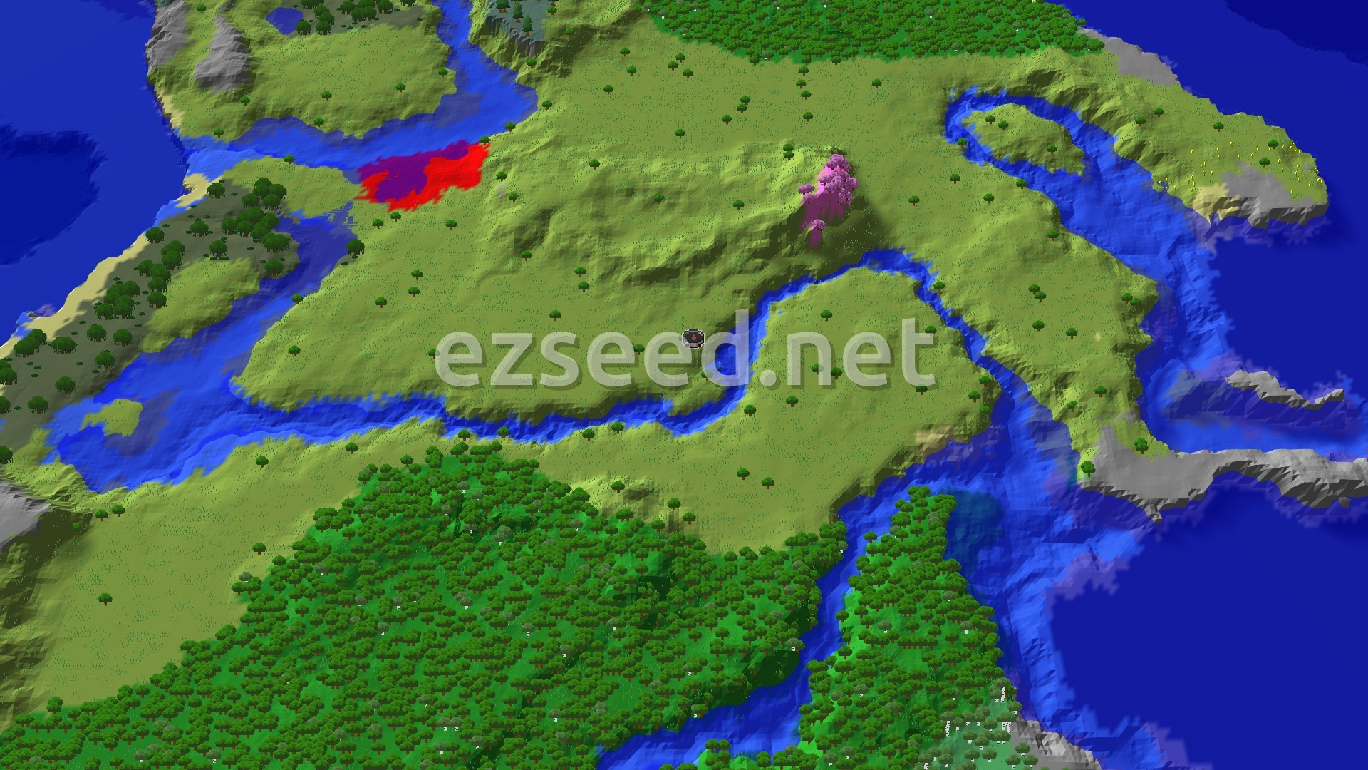 A broad green plains peninsula cut by a winding blue river, with a dense forest to the south, a pink cherry grove on a low rise to the north and open ocean at the edges.