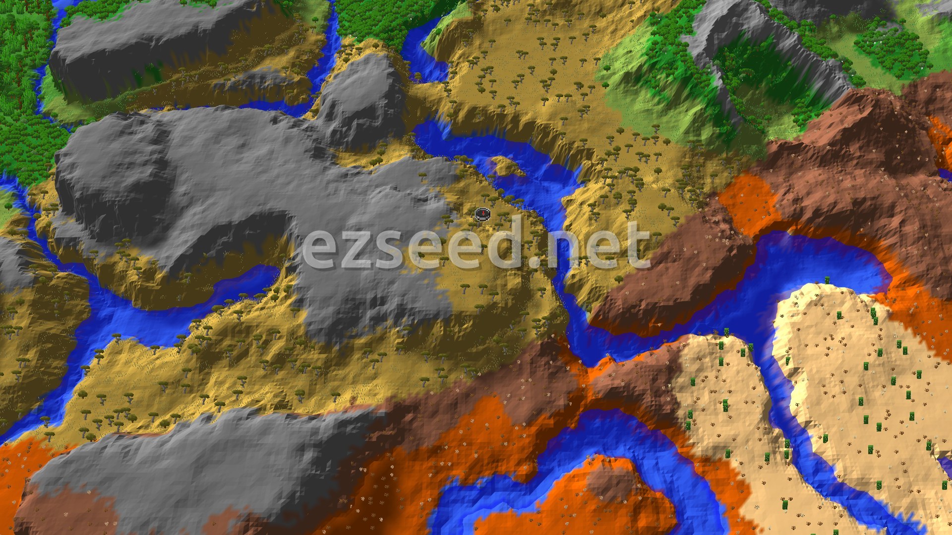 Aerial Minecraft seed map — Double Savanna Village Beside Badlands and Desert