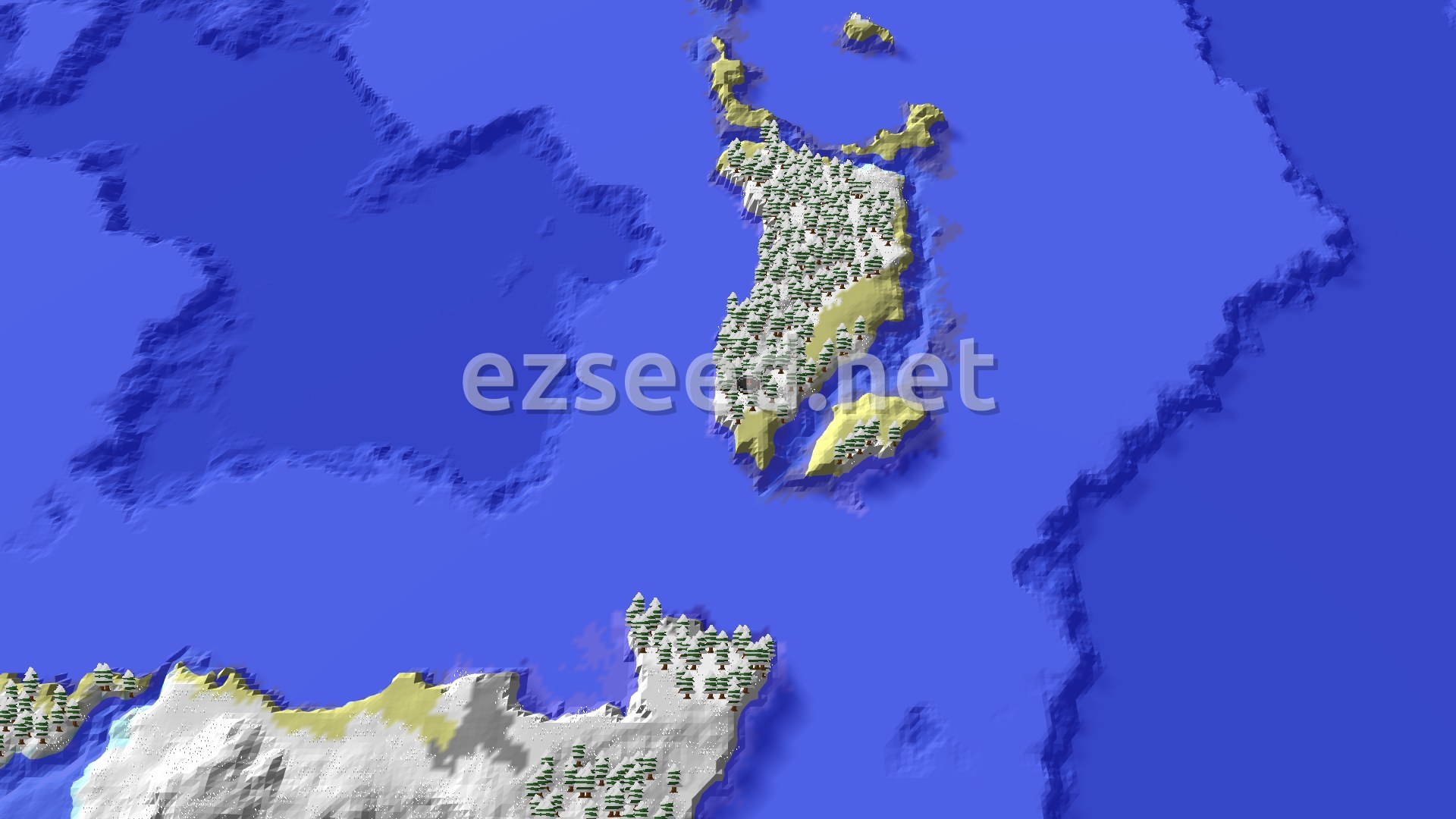 An aerial view of a large, snow-covered island with sparse evergreen trees, surrounded by vast blue oceans. Smaller snowy landmasses are visible in the distance.