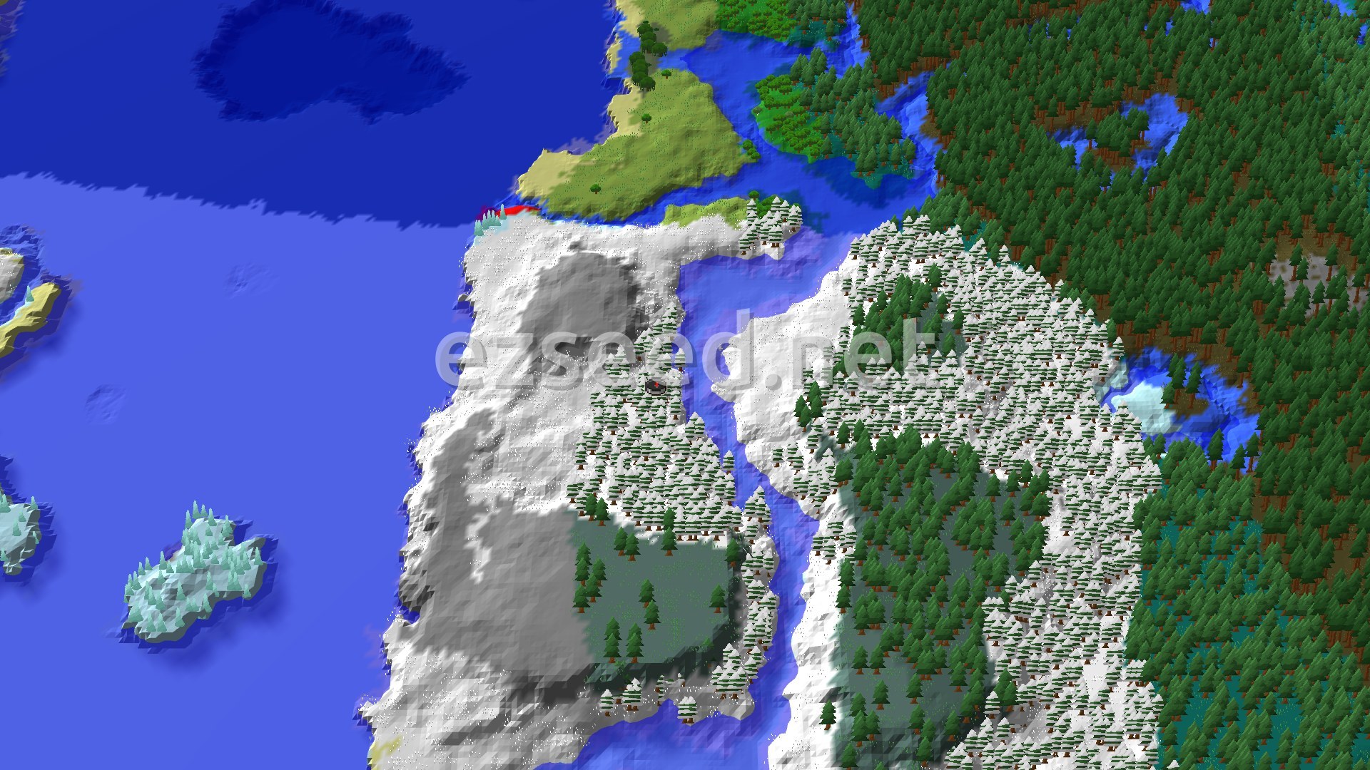 A snowy, forested landscape with a large body of water and distant islands to the west. A red marker indicates the spawn point on a snowy slope.