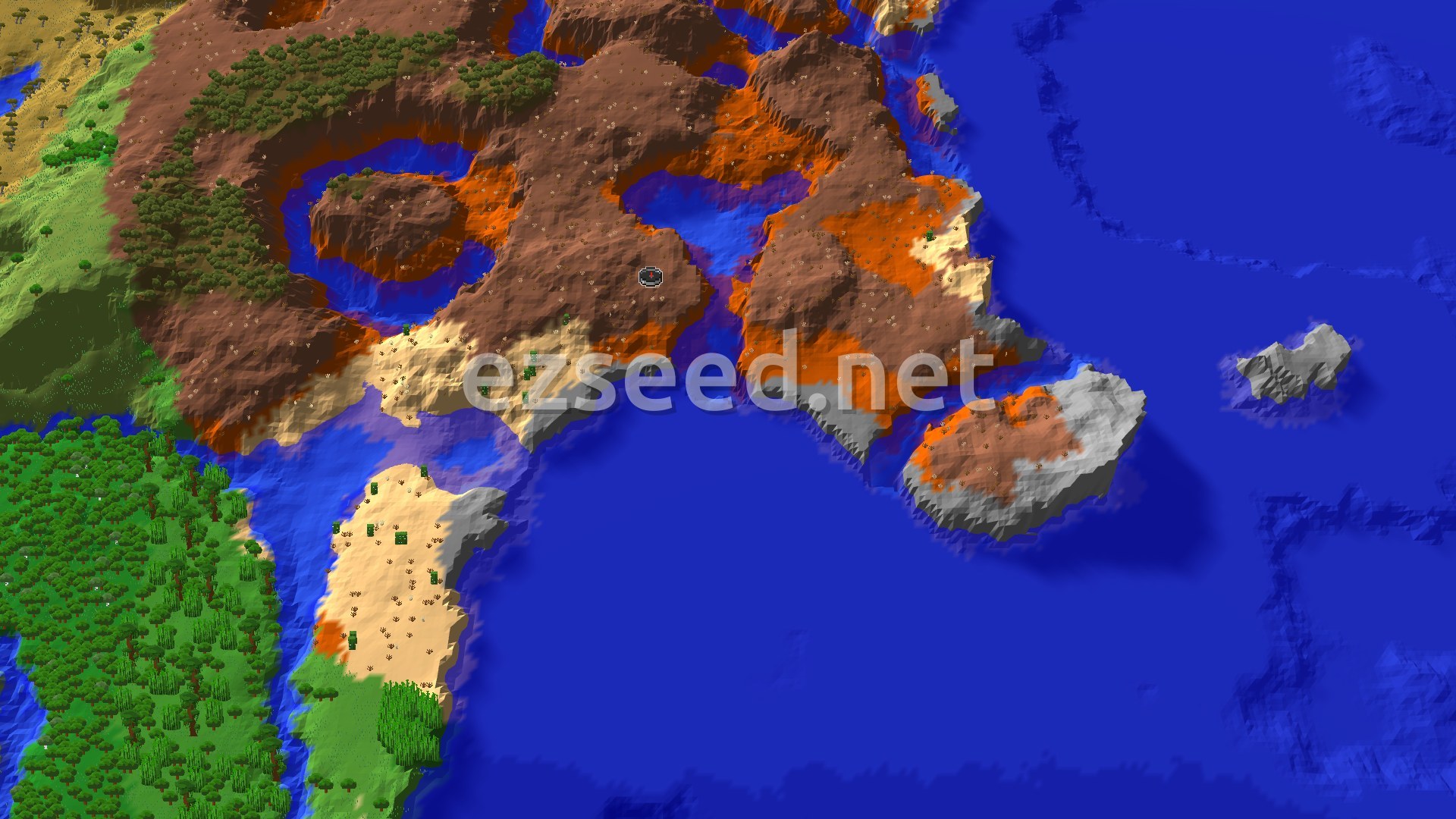 A rust-brown badlands plateau with orange terraces and dark forest patches runs out to a coast, with warm blue ocean to the east, forest to the southwest and a pale sandy strip along the shore.
