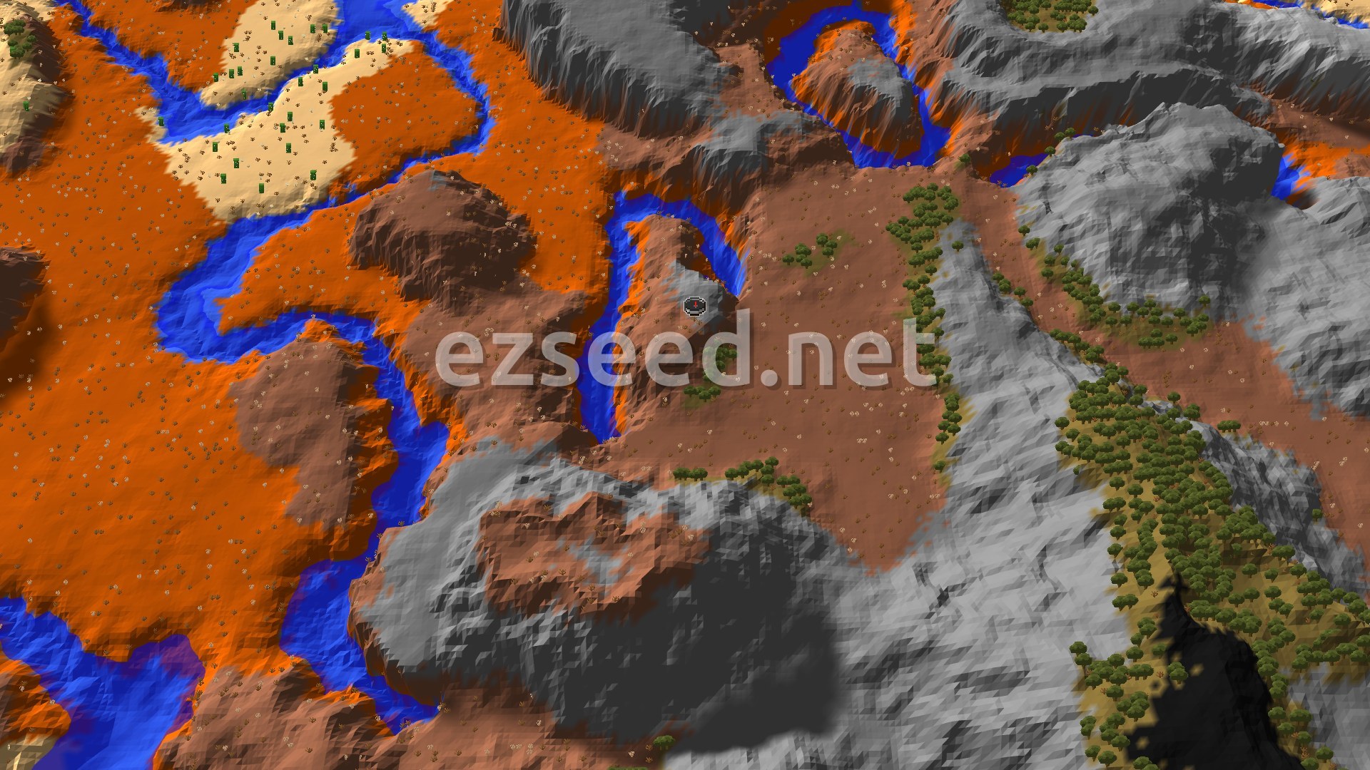 A 3D overhead view of a mountainous Badlands biome, with winding blue rivers and patches of green trees. A small spawn marker sits near the center.