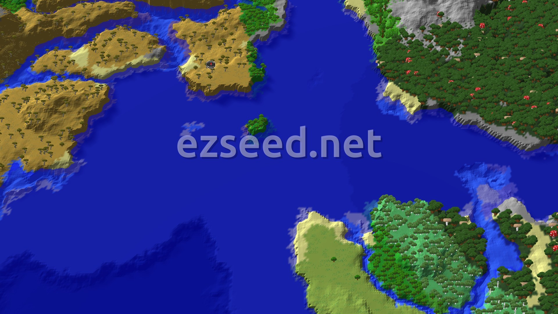 Aerial Minecraft seed map — Savanna Island With a Village Across the Water