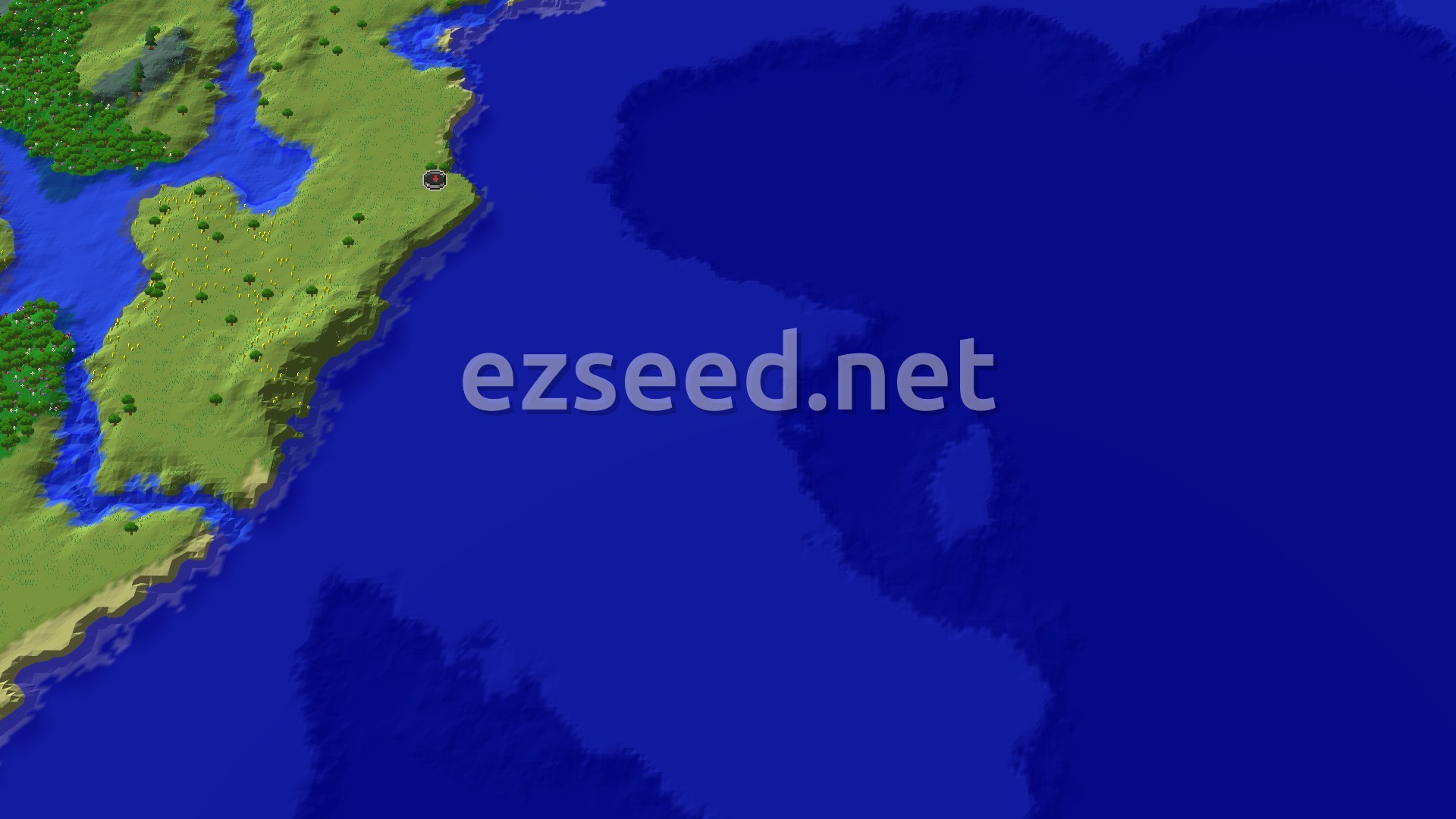 A green plains coastline with scattered oaks and yellow flowers meets a wide blue ocean that darkens into deep water, with forest and rivers inland to the west.