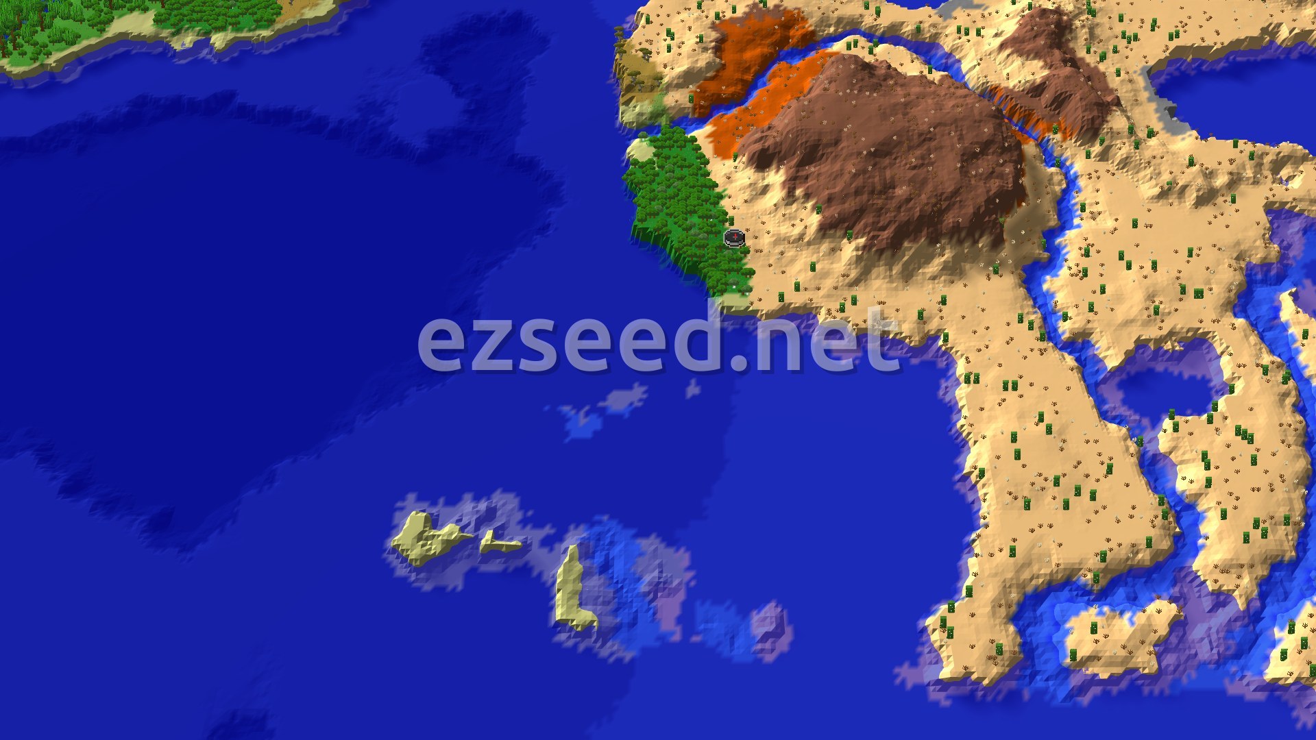 A narrow strip of forest on a coastline, with desert dunes, orange and brown badlands hills and warm blue ocean around it.