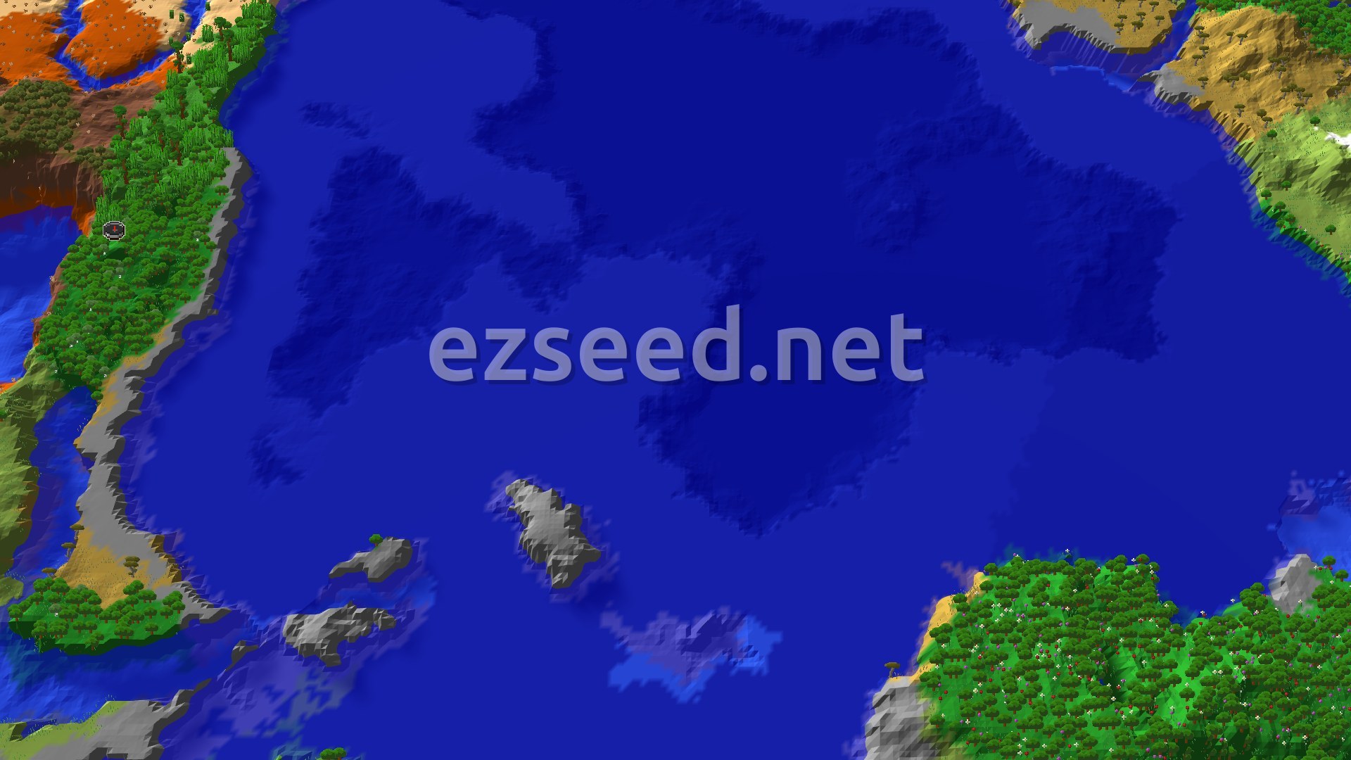 A vast ocean dominates the center, with a large, tree-covered island, featuring patches of red badlands, curving along the left. Smaller rocky islands are scattered in the water.