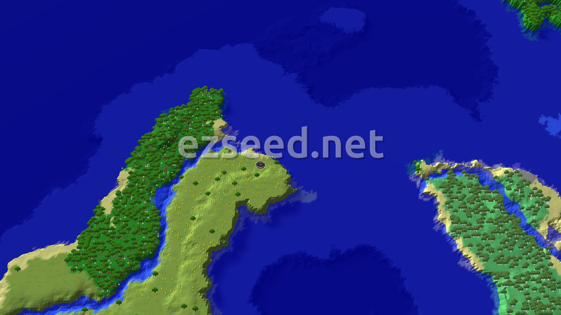 A fly-over of a sunflower-dotted headland beside a dense flowering forest on the same island, with deep ocean on every side and a second wooded island to the east.