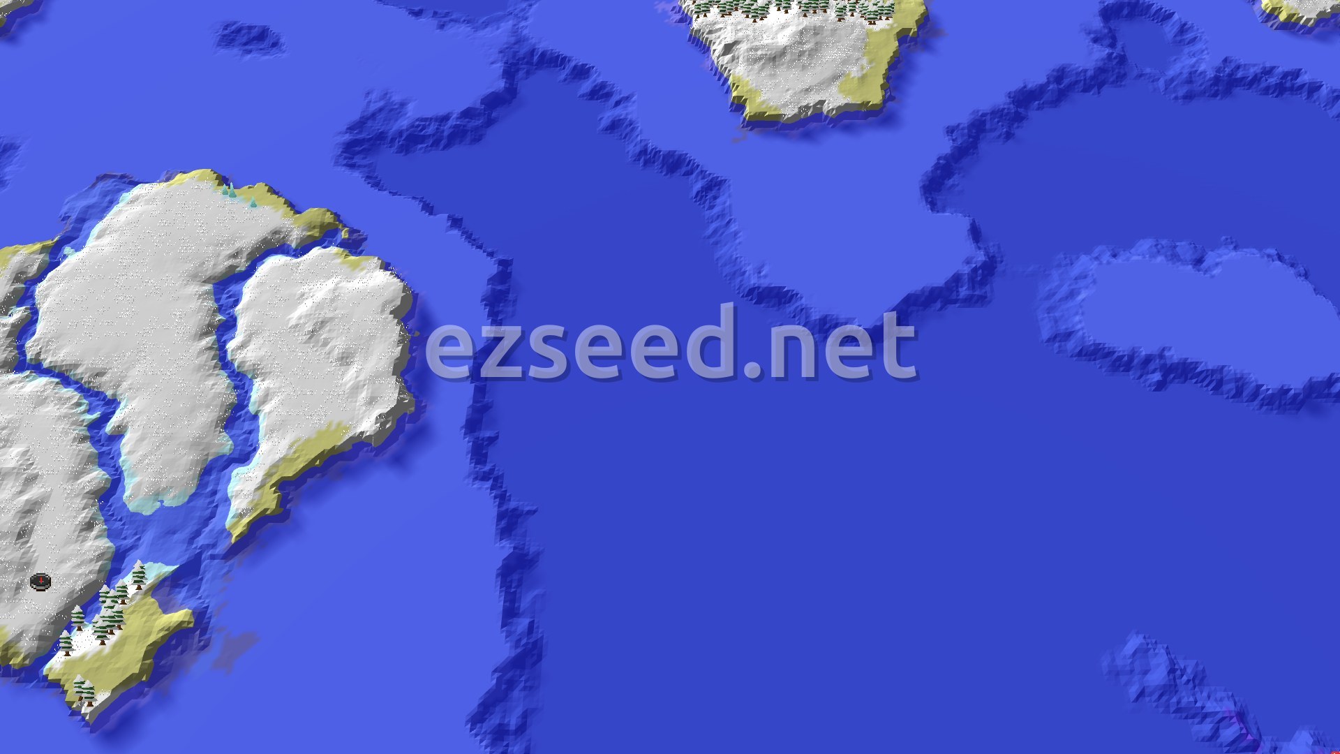 A fly-over of snow-covered islands with sandy shores, a few spruce trees, and wide frozen ocean in between, with the spawn marker on the lower-left island.