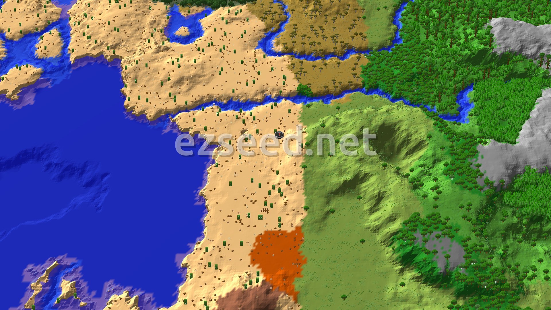 An aerial view of a desert landscape with a river running through it, bordered by green savannas and forests, with an ocean to the west. A small black marker indicates the spawn point in the desert.