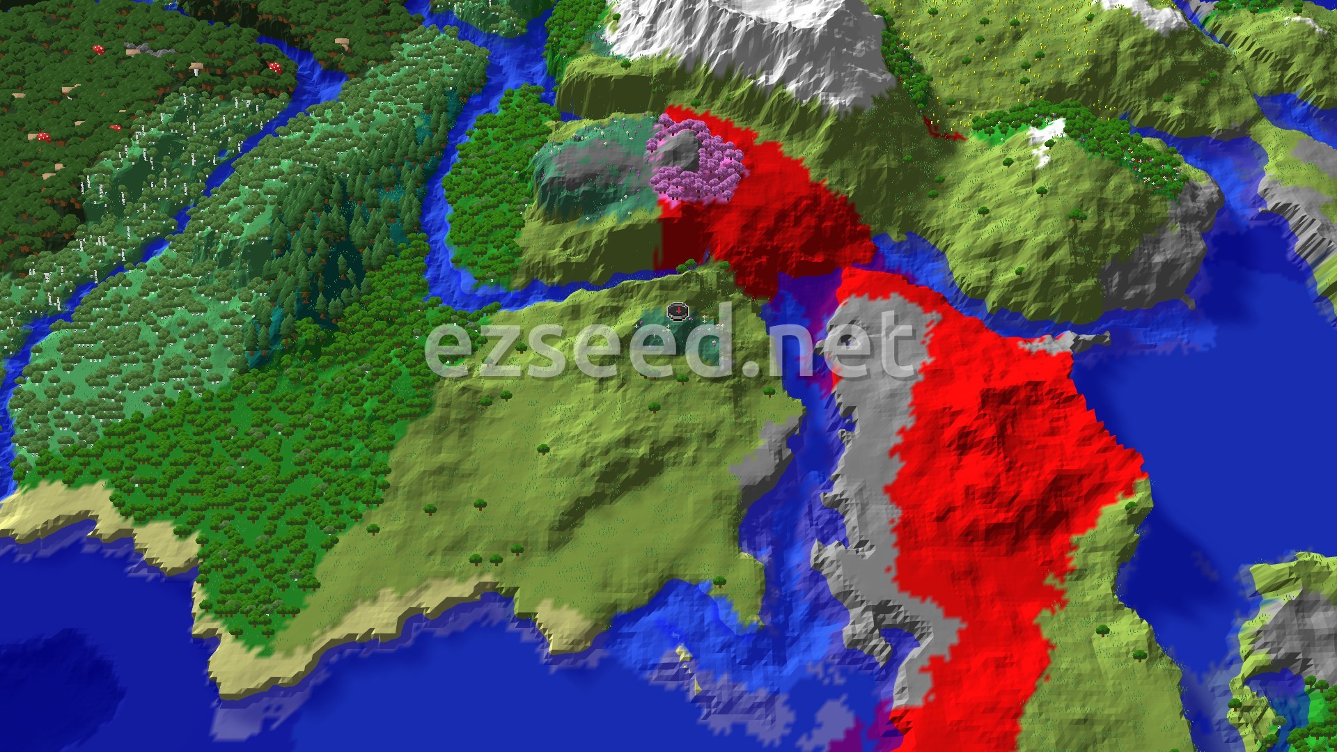 An aerial view of a varied landscape, showing a large green forested area with a river running through it, transitioning into a pink Cherry Grove nestled in grey and red mountains, with blue ocean to the east.