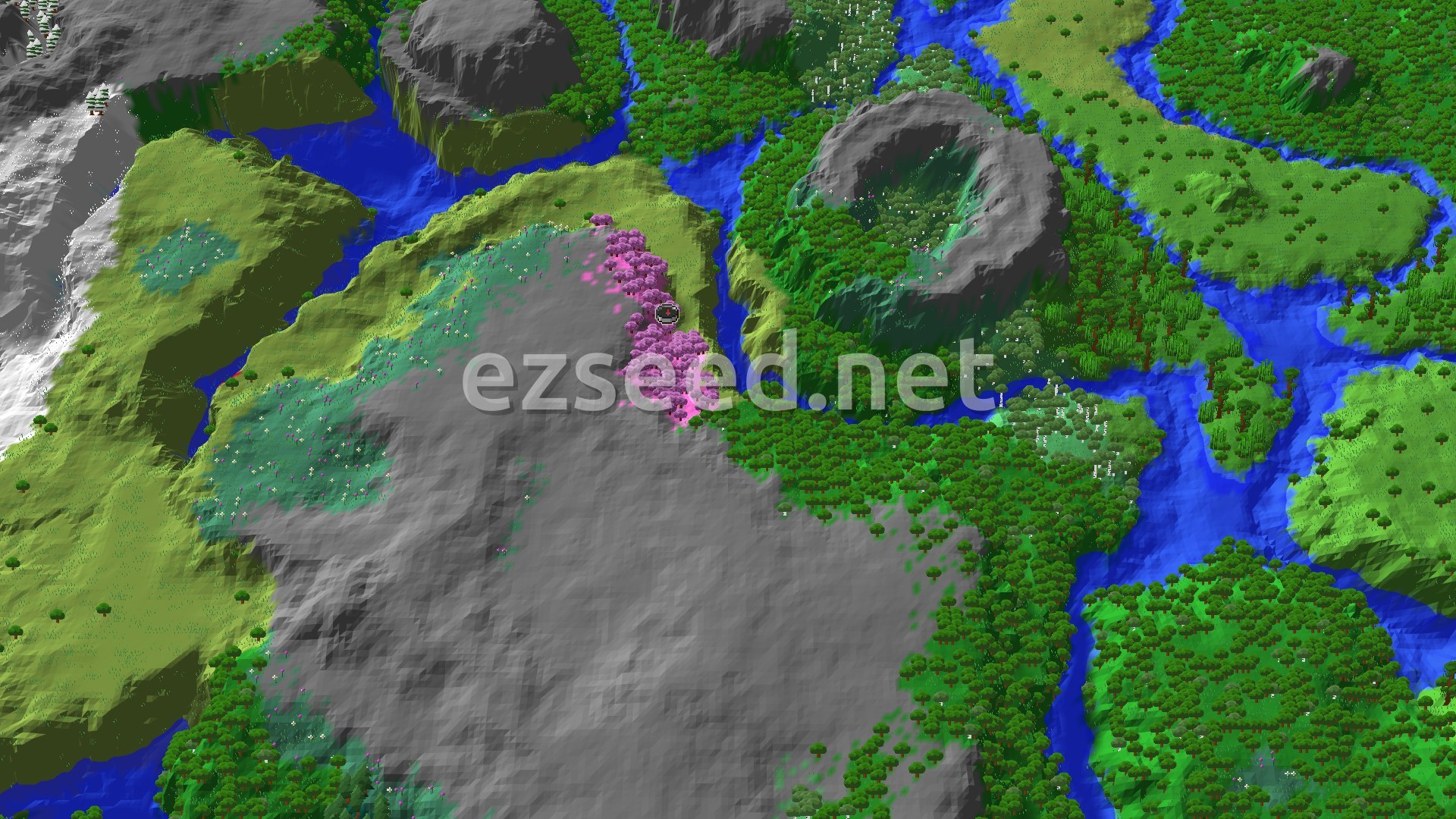 A narrow band of pink cherry trees climbs a bare stone slope, with rivers, green forest, meadow terraces and a rimmed crater to the east.