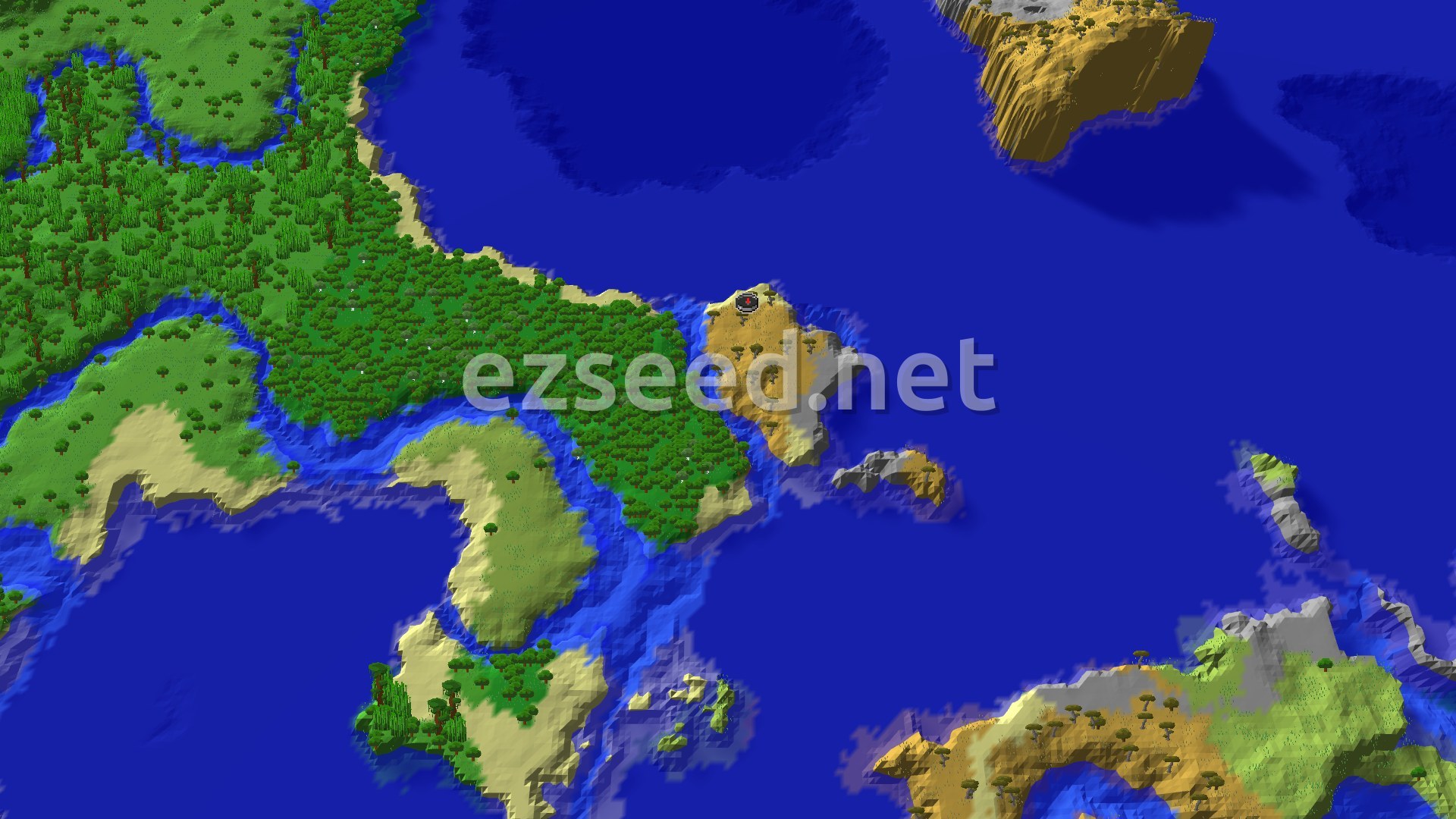 A 3D fly-over of a world, showing a small savanna island with a spawn marker in the center, surrounded by vast oceans and distant forested landmasses.