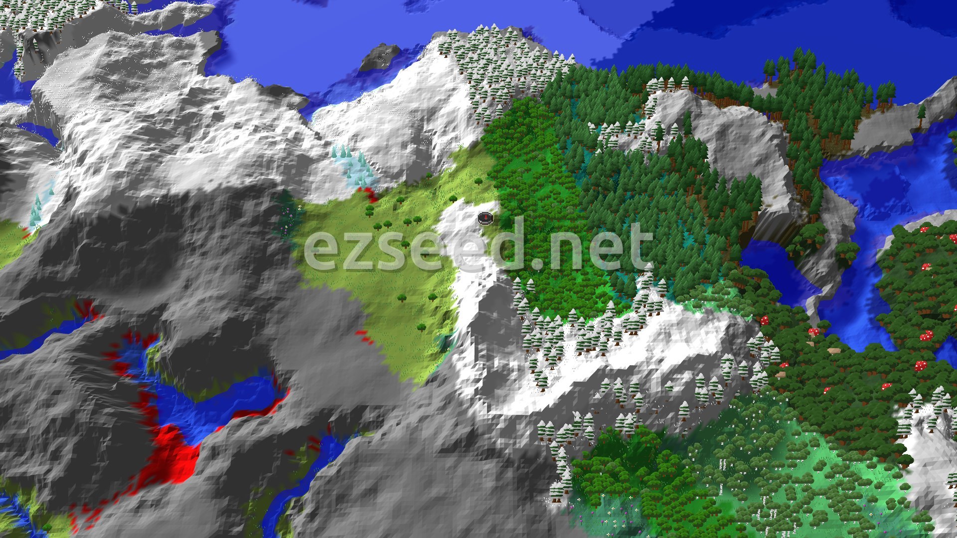 A grassy plains pocket hemmed in by snow-capped grey slopes, with dense green forest to the east and open water at the edges.