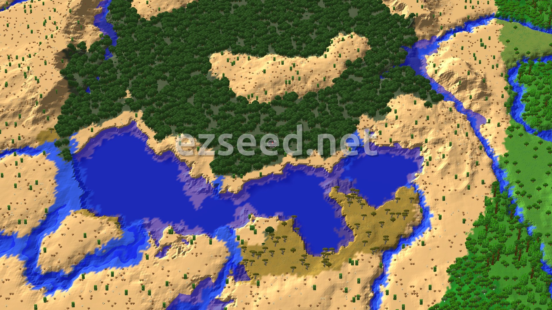 A dense mangrove forest sits above a long blue lake, ringed by sandy desert hills, with a river and green jungle at the right edge.