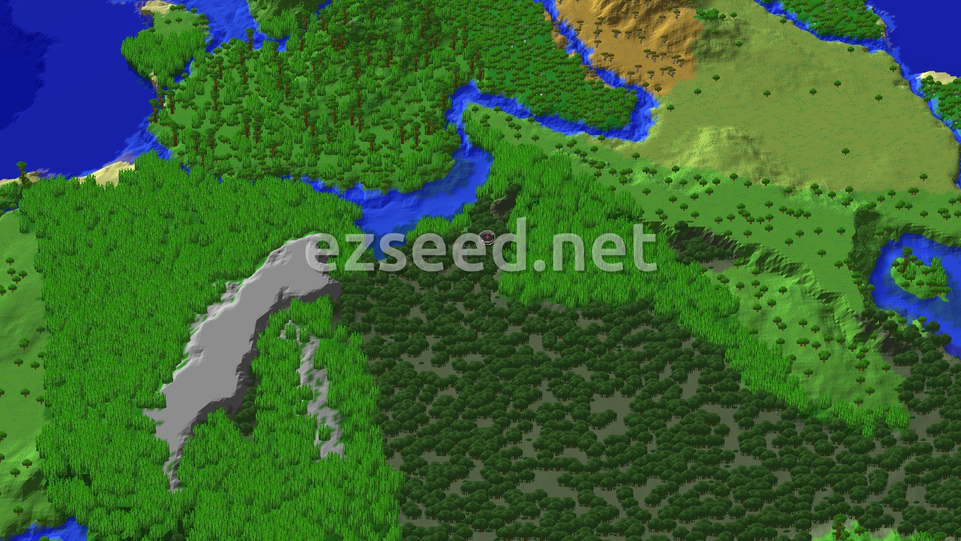A 3D overhead view of a green, tree-filled landscape with blue rivers and some tan plains, with a small red spawn marker in the center.