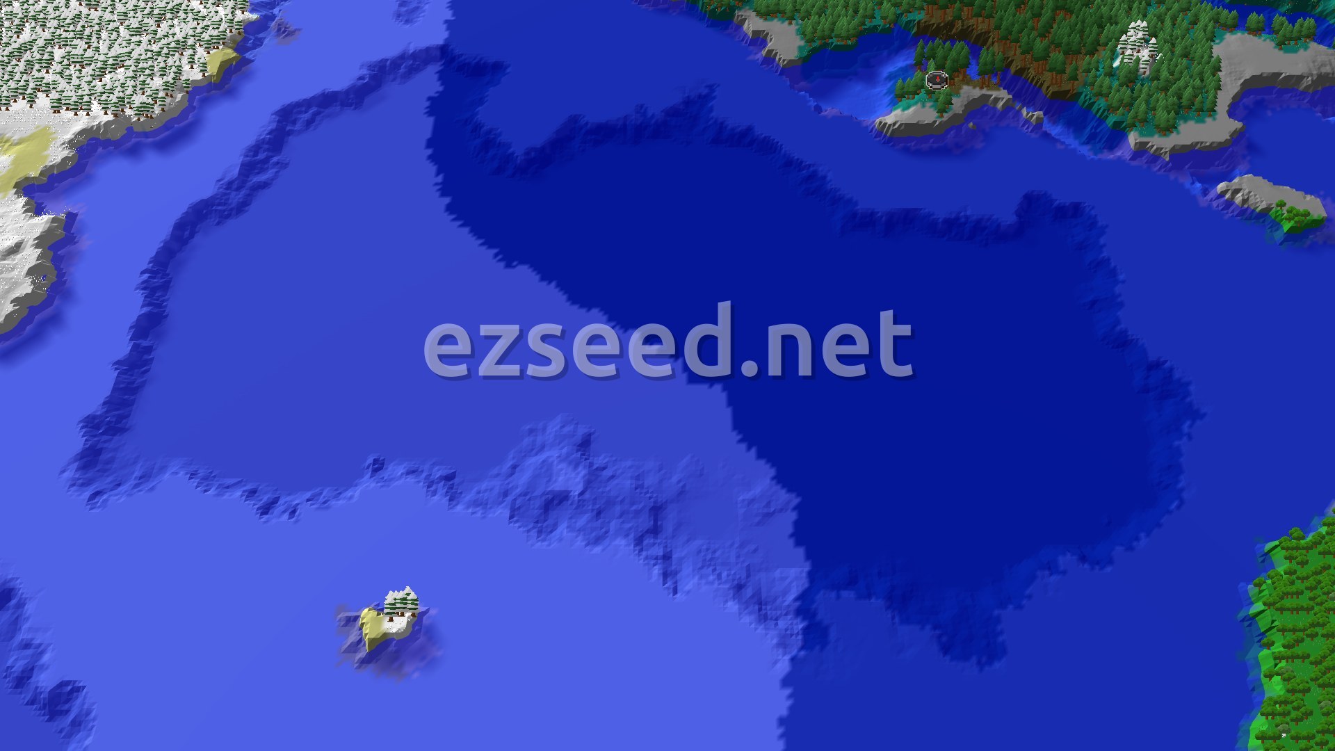 A small taiga island, home to tall pine trees and some snowy patches, floats in a vast blue ocean. Shorelines of larger landmasses are visible in the distance, also covered in taiga and snow.