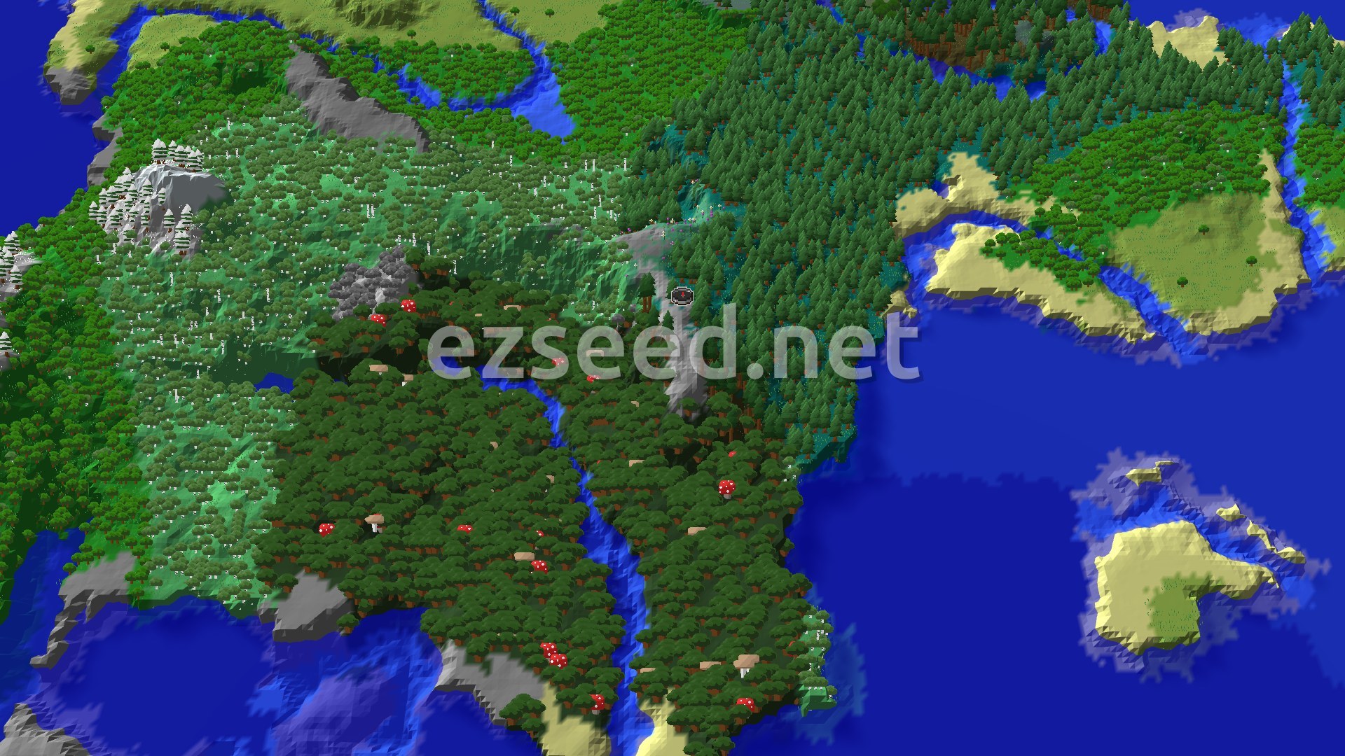 A 3D fly-over of a spruce-covered taiga at spawn, with a dark forest of mushrooms to the south, birch woods to the west and a sandy coastline to the east.