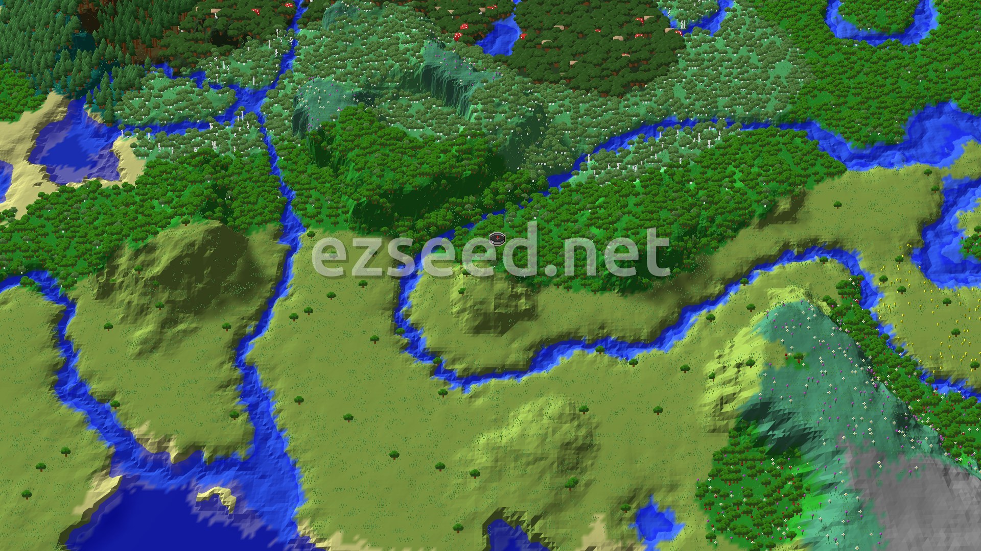 An aerial view of a varied landscape, showing a large forest area with a river winding through, alongside open plains and some hilly terrain, with the spawn point marked in the center.