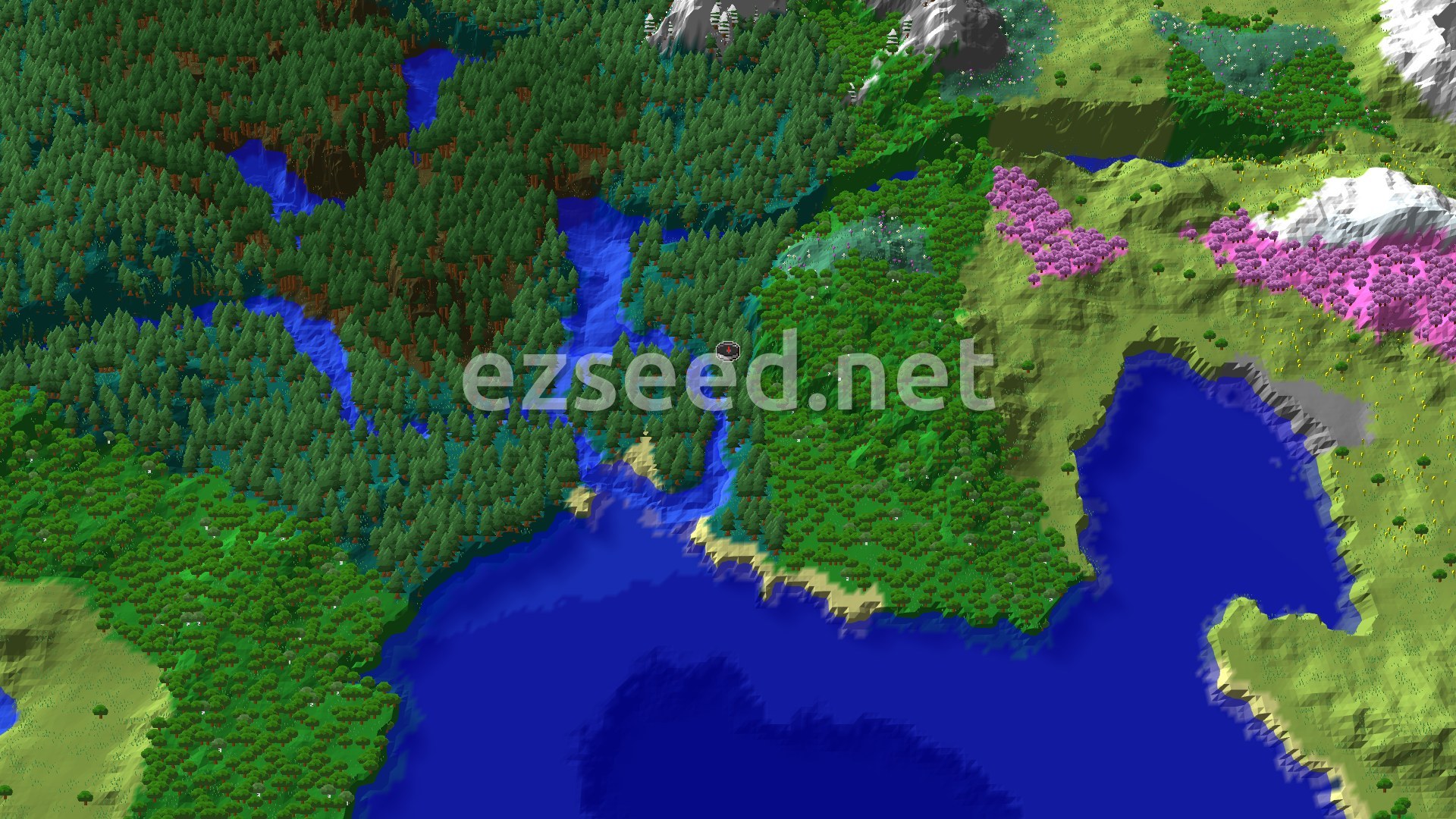 Aerial Minecraft seed map — Taiga Coast with a Cherry Grove and Snowy Peaks