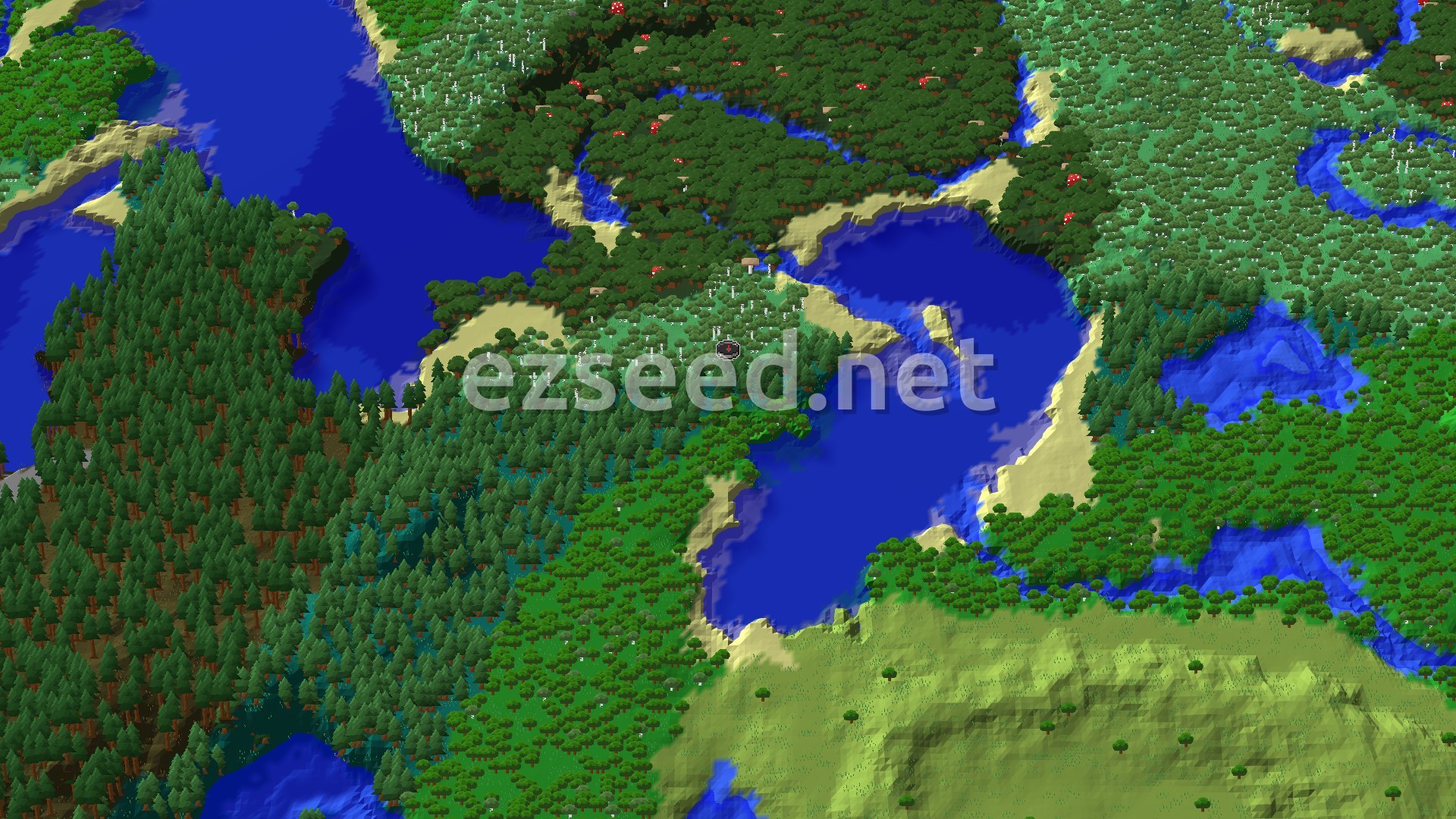A fly-over of pale birch forest at spawn, with a blue lake and sandy shores to the east, dark forest to the north and a taiga hillside to the west.
