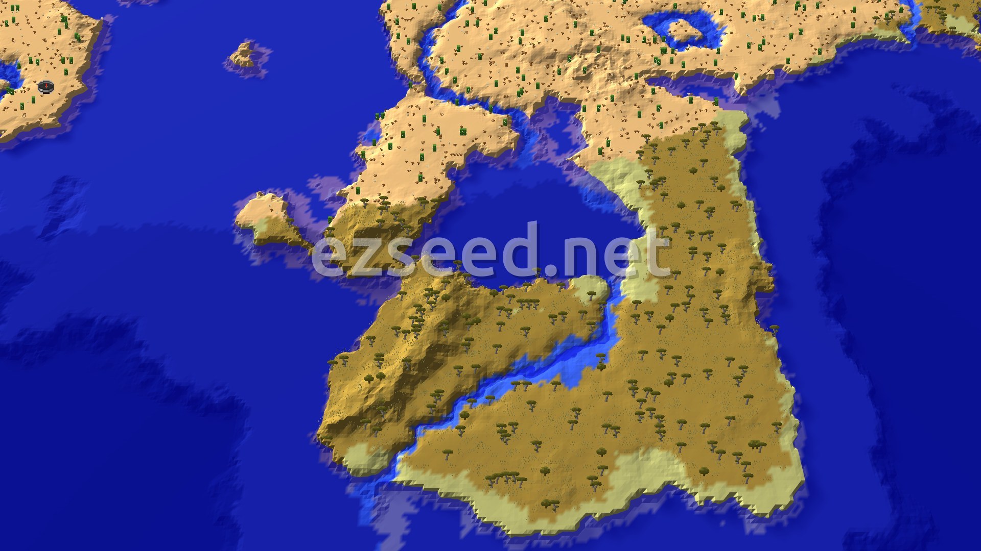 A 3D aerial view of a large desert island surrounded by blue ocean, with scattered green cacti and some savanna-like trees on the higher ground of the island.