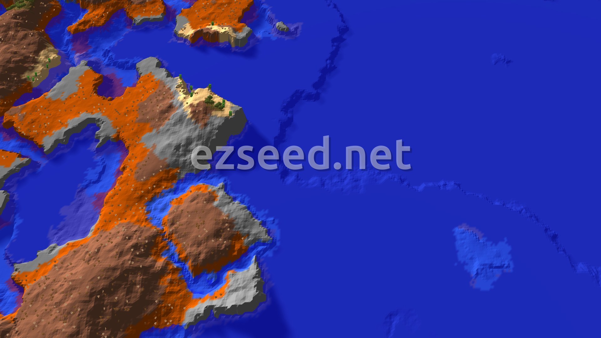 Aerial Minecraft seed map — Desert Island with Wooded Badlands and Stony Shore