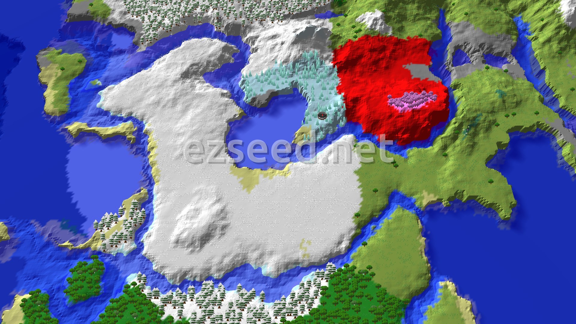 A bay cuts into a snowy landmass, with pale ice spike trees at the shore, green plains to the east and a patch of pink cherry trees on a bright hill.