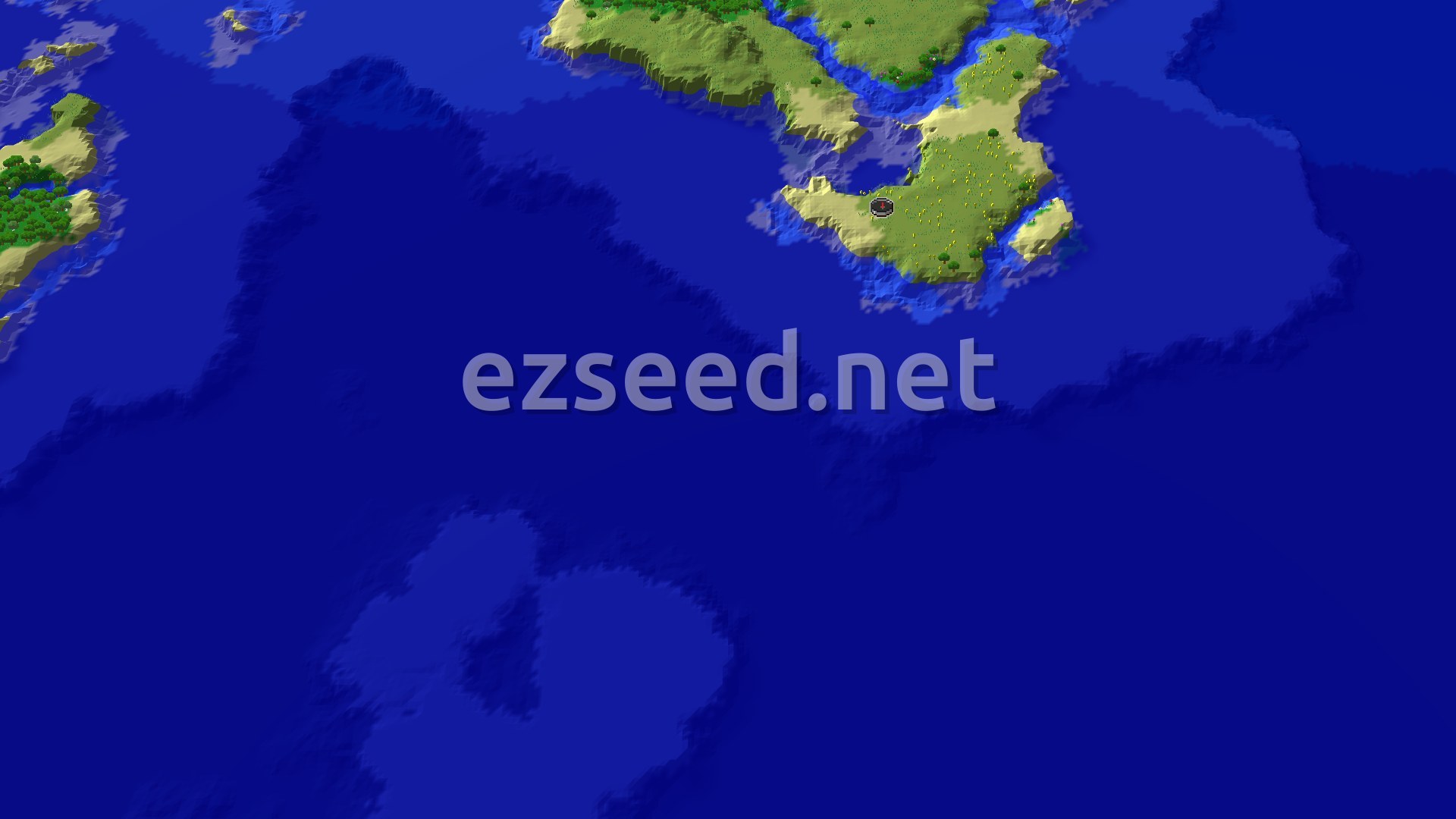 A 3D fly-over of a sandy, grassy island dotted with trees and yellow flowers, ringed by pale shallows and dark open ocean, with other small islands at the edges.