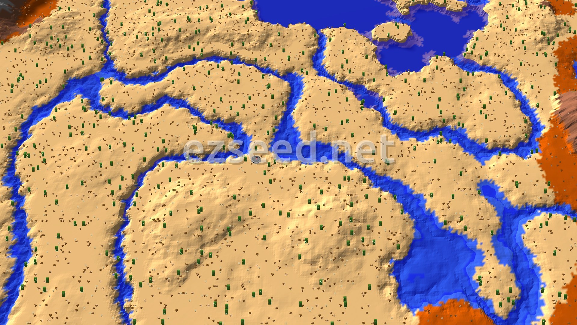 A sandy desert dotted with cacti is split by several winding blue rivers, with a larger lake to the north and orange badlands at the edges.