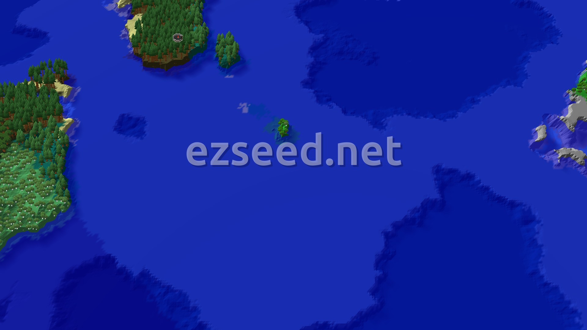 A small forested island of dark pine trees with sandy edges, surrounded by deep blue water, with larger pine-covered coastlines and snowy hills at the frame edges.