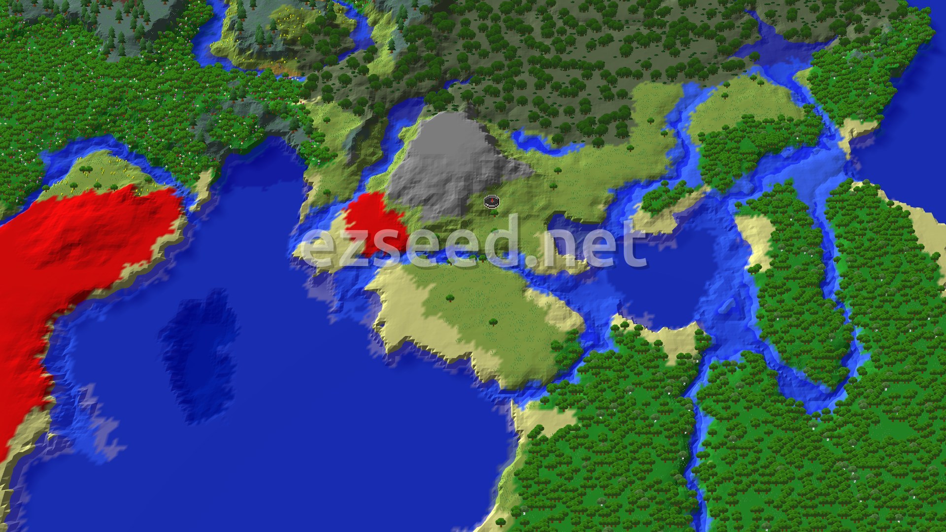 A fly-over of a green plains landmass with a grey hill beside the spawn marker, ringed by blue water, with dense forest to the north and east.