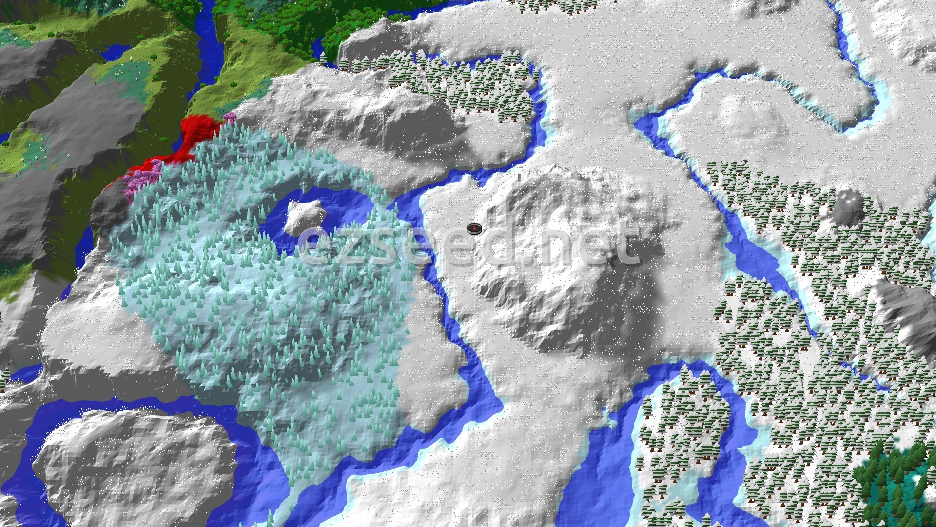 Aerial Minecraft seed map — Ice Spikes and a Snowy Village in Frozen River Country