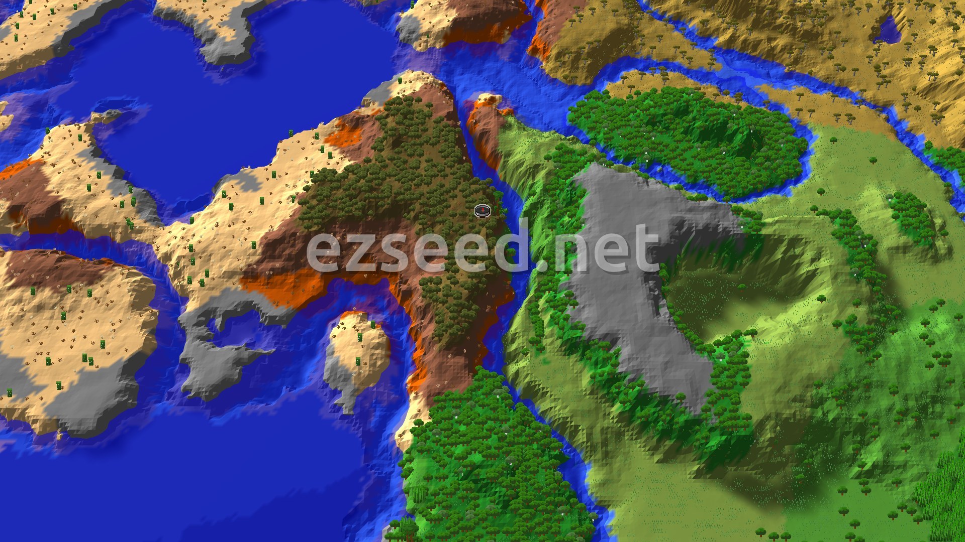 A bird's eye view shows a varied landscape with a central wooded badlands, surrounded by green jungles, light brown deserts, and blue water, with a small marker at the center.